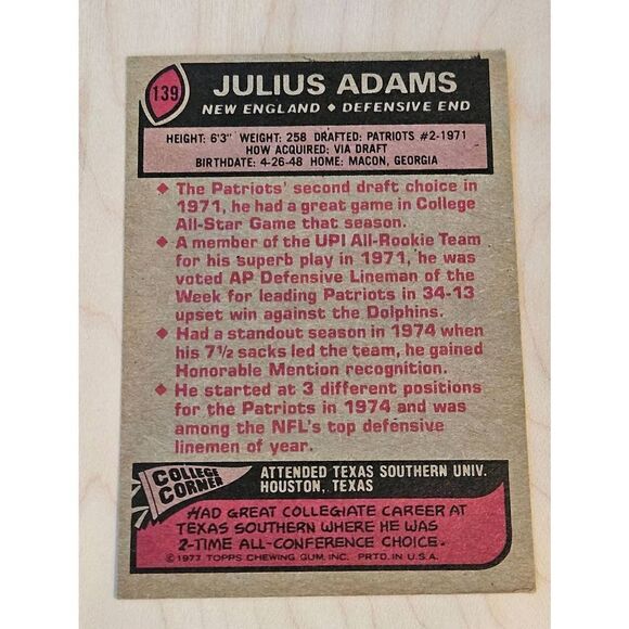 1977 Topps Julius Adams New England Patriots Football Card #139 - Picture 2 of 2